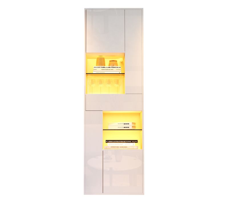 Vitrine LED Moderne Haute Brillance 55 X 38 X 170 Cm, 1 Tiroir, 4 Portes, Cloisons En Verre, Blanc