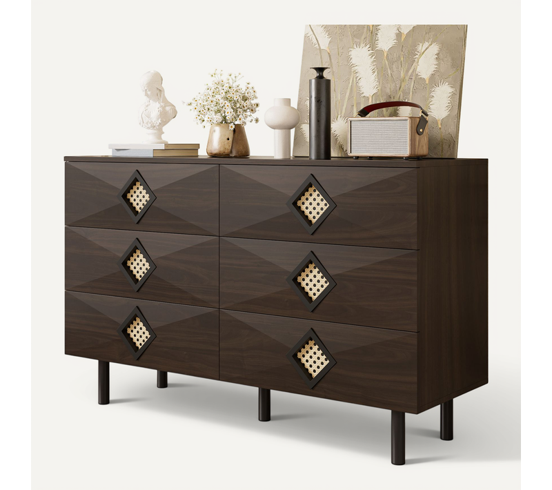 Commode élégante 6 Tiroirs, Poignées En Rotin, Rangement Pratique Pour Chambre Et Salon