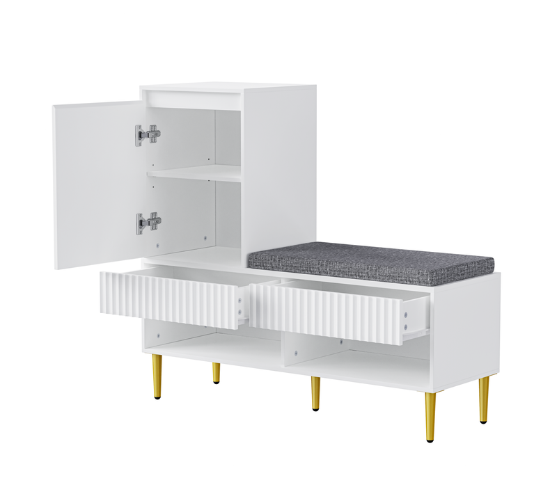 Meuble à Chaussures Moderne Blanc 100x35x90 cm Avec Banquette, 1 Porte, 2 Tiroirs, 2 Étagères
