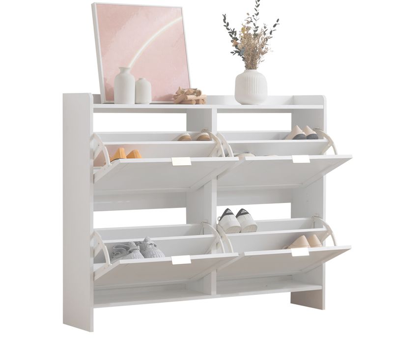 Meuble à Chaussures Blanc 110x24x90 cm, 4 Abattants Avec Étagères Ouvertes, Moderne Pour Entrée