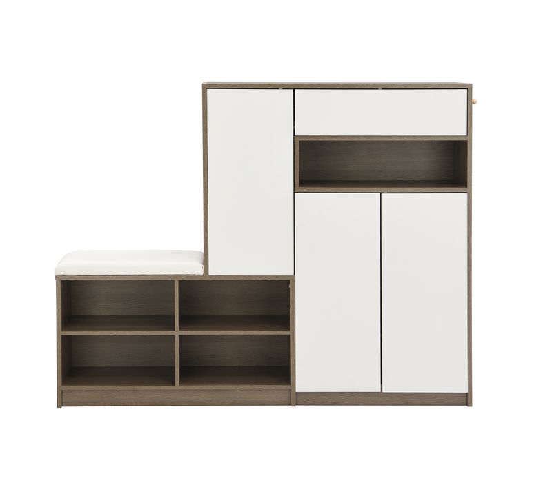 Banc à Chaussures Blanc 140x35x110 cm, Rangement Réglable, Assise Rembourrée, Multifonction Entrée