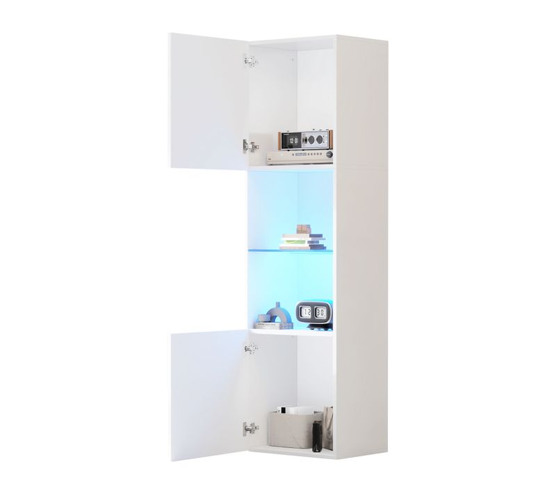 Vitrine Blanche Haute Brillance 45x35x160 cm, Étagères en Verre, Éclairage LED, Meuble de Rangement