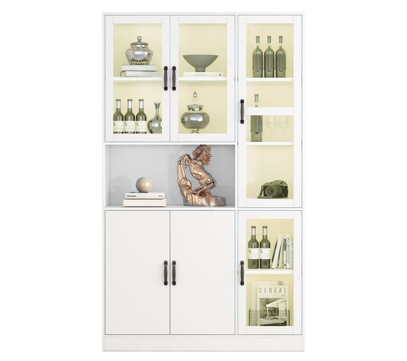 Vitrine 120×40×200 cm Blanche avec Étagères et Portes, Meuble de Rangement LED Multifonction