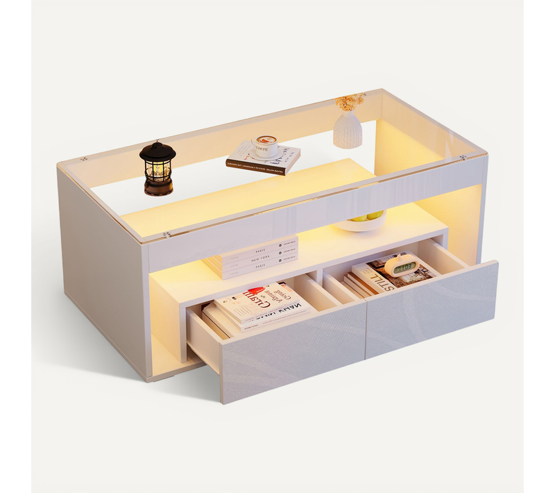 Table Basse LED Blanche 100x50x40 Cm Avec 2 Tiroirs De Rangement Et Plateau En Verre Trempé