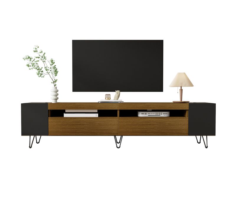 Meuble TV 180 Cm Noir Et Bois Avec 2 Portes Et Étagères Latérales Ouvertes, Grand Rangement