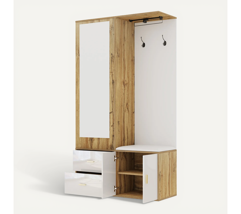 Vestiaire Blanc Et Bois, Meuble D’entrée, Miroir, Banc à Chaussures, 2 Tiroirs Et 2 Portes, Tringle