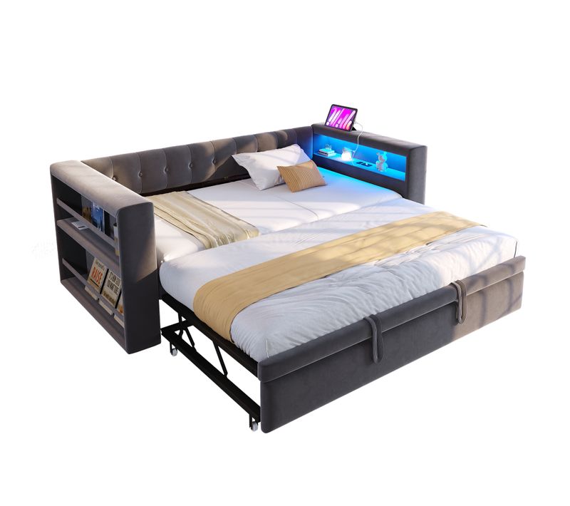 Lit Enfant 90/180x190 Cm, Lit Gigogne, Avec Éclairage LED, Prise Électrique, Gris Foncé.