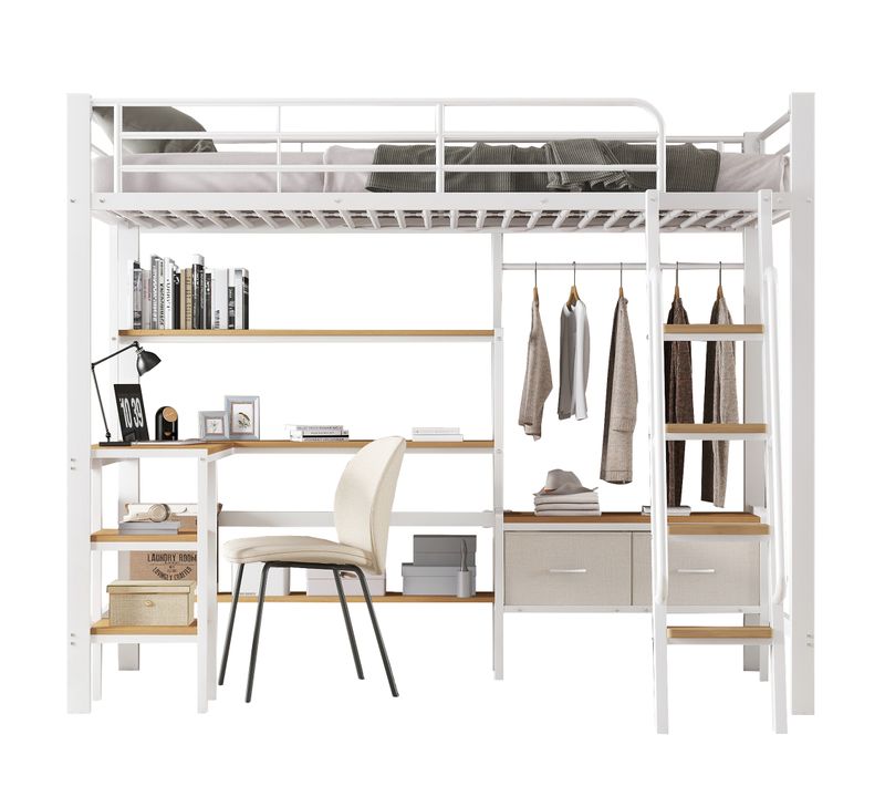 Lit Mezzanine 90x200cm, 2 Coffres De Rangement En Tissu, Avec Bureau Et Étagères, Blanc.