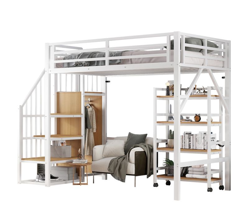 Lit Mezzanine 90x200cm, Étagère à Quatre Niveaux Sur Roulettes, Escalier Avec Rampe, Blanc