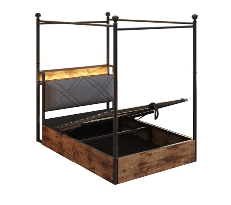 Lit Coffre 90 X190 cm, Lit Simple, lit baldaquin avec LED et charge USB/type-c, métal, Noir