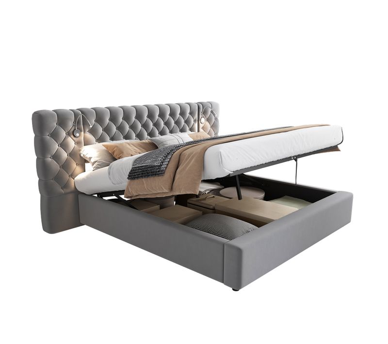 Lit Coffre Hydraulique 180x200 Cm, Lit 2 Place, Avec Éclairage Et Rangements, Velours, Gris