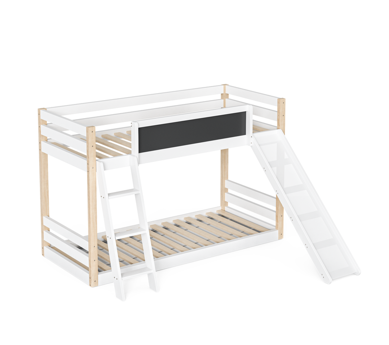 Lit Superposé Enfant 90x200 Cm, Lit En Bois Avec Échelle, Toboggan, Barrière, Tableau Noir, Blanc