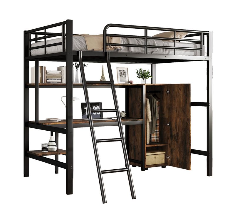 Lit Mezzanine 90x200 Cm Métal Noir Sécurisé Avec Bureau Et Rangement Intégré Pour Enfants Et Ados
