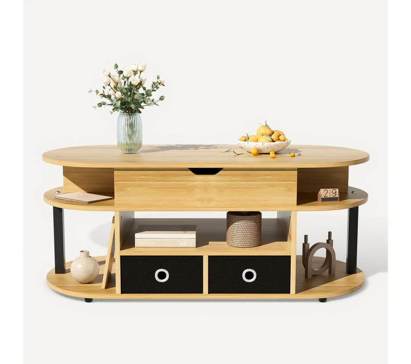 Table Basse Relevable Bois Et Noir 2 Tiroirs Et Rangement Caché, Étagères Pour Salon Et Bureau