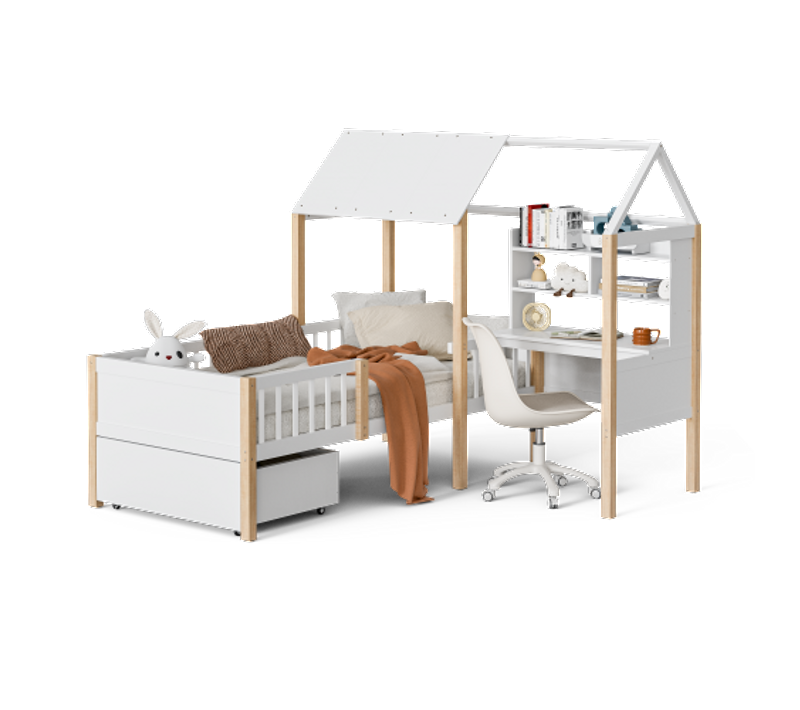 Lit Cabane Enfant 90x200 Cm Avec Tiroirs, Barrière Et Sommier à Lattes, Bureau Avec Étagère, Blanc