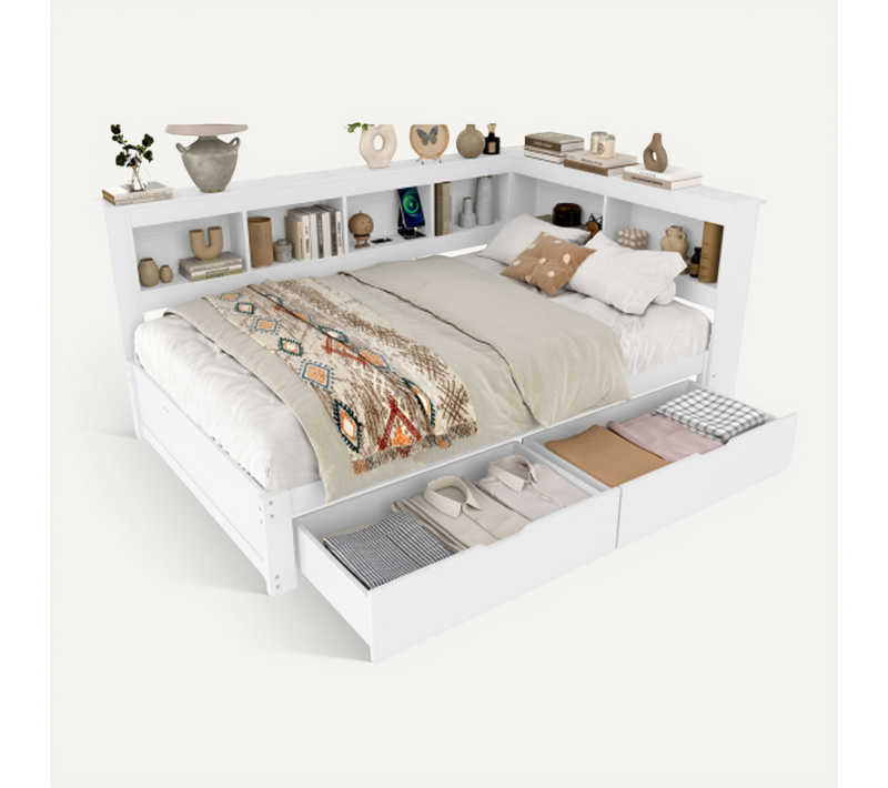 Lit Enfant 140x200 Cm Avec 2 Tiroirs, Prise Électrique Et 2 Ports USB, Sommier à Lattes, Blanc
