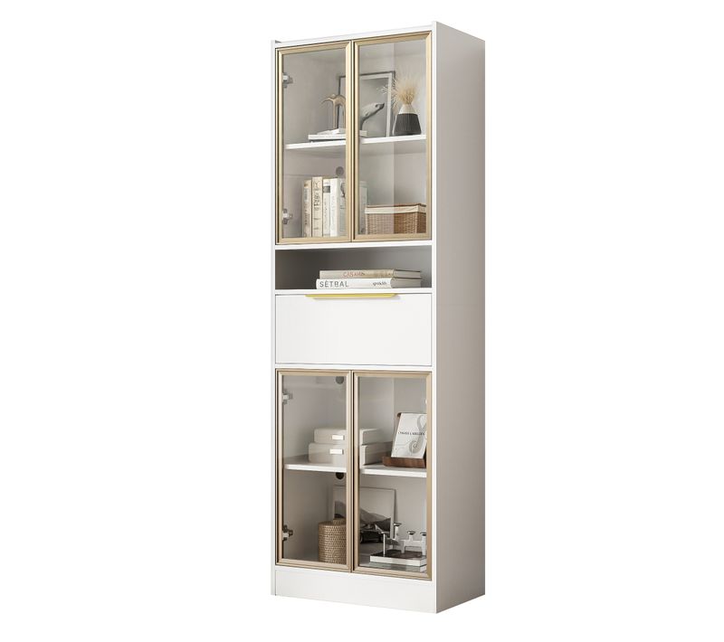 Vitrine Haute.180cm Blanche Avec LED, 4 Portes Vitrées Et Tiroir, Meuble De Rangement Salon