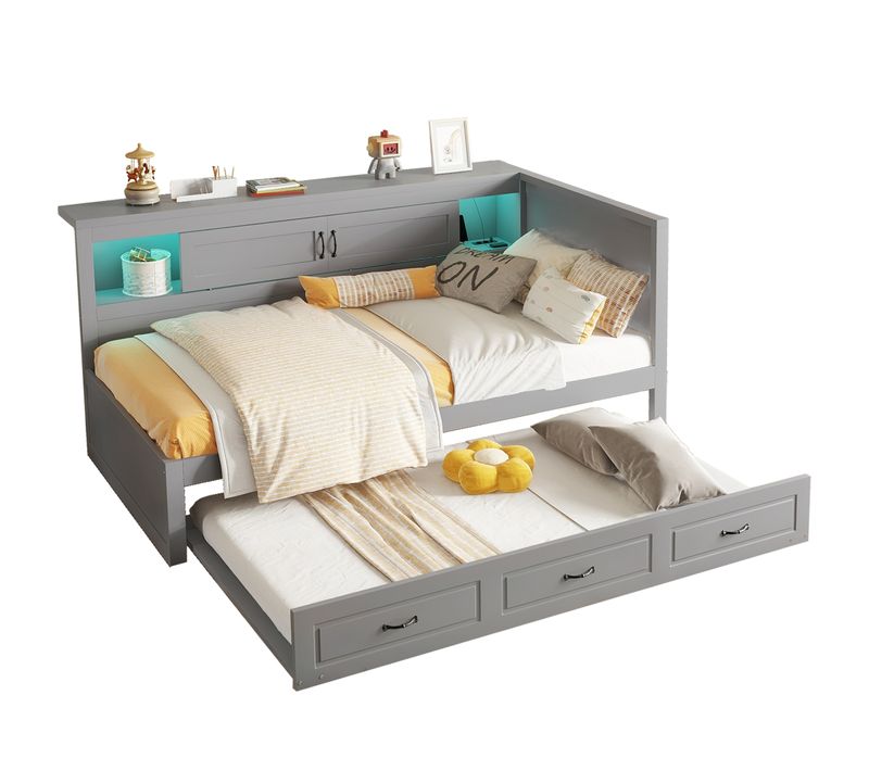 Lit Gigogne Enfant 90x200/190 Cm En Bois Gris Avec LED, Rangement Et Prises USB Intégrées