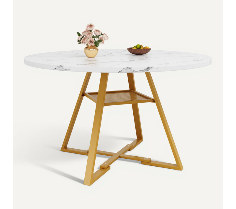 Table à Manger 120x120x75cm, Table Ronde, Rangement, Marbre Motif,  Mdf+métal, Blanc+doré