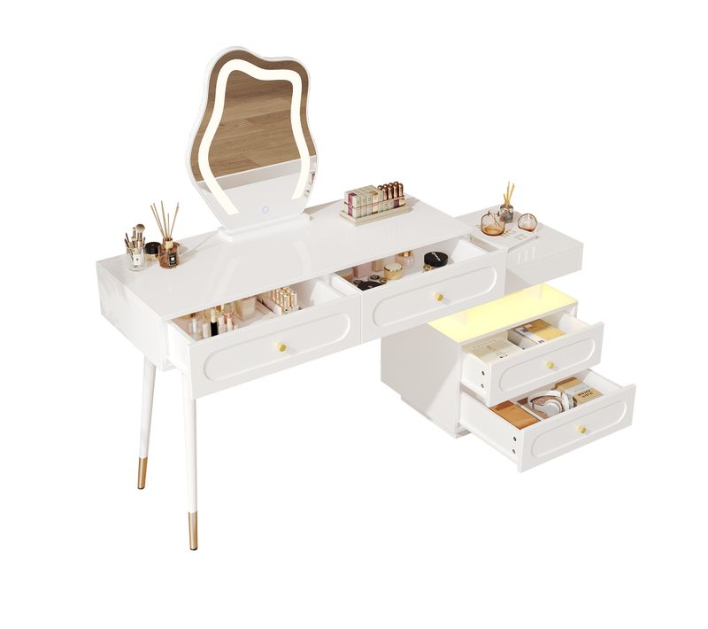 Coiffeuse 140x40x130cm, Meuble Latéral, 4 Tiroirs, Miroir, LED, Moderne, Aggloméré, Blanc