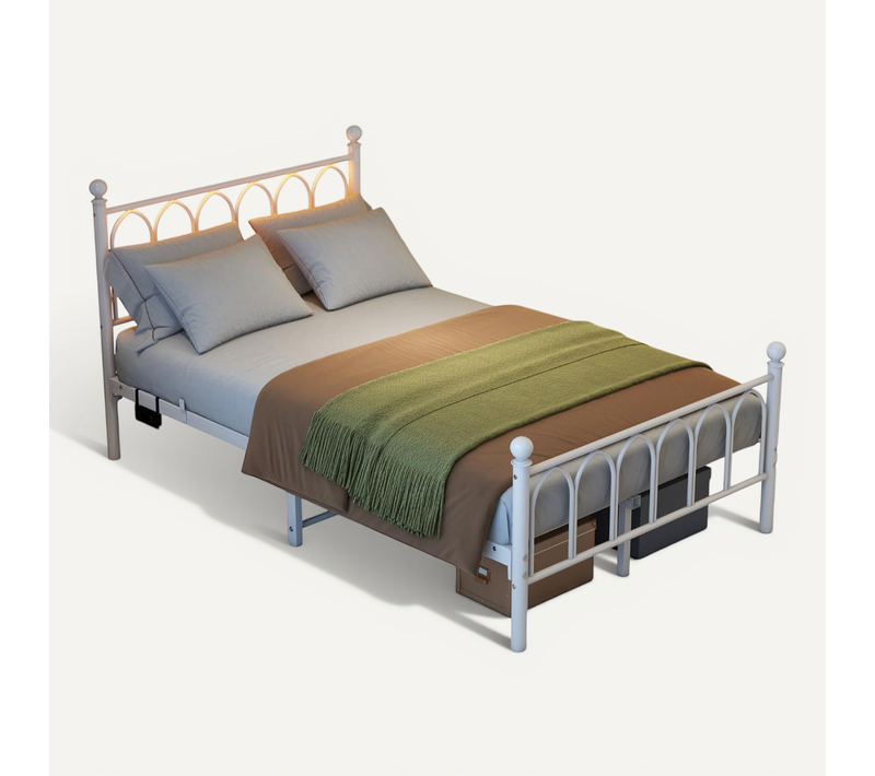 Lit Enfant 120x200cm, Lit Simple, Avec Lumières LED Et Chargement USB, Cadre De Lit En Métal, Blanc