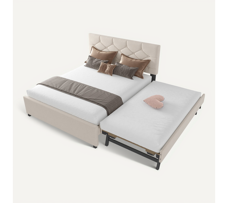 Lit adulte 140x200 cm avec 1 lit gigogne 90x190 cm, Sommier et tête de lit, Velours, Beige