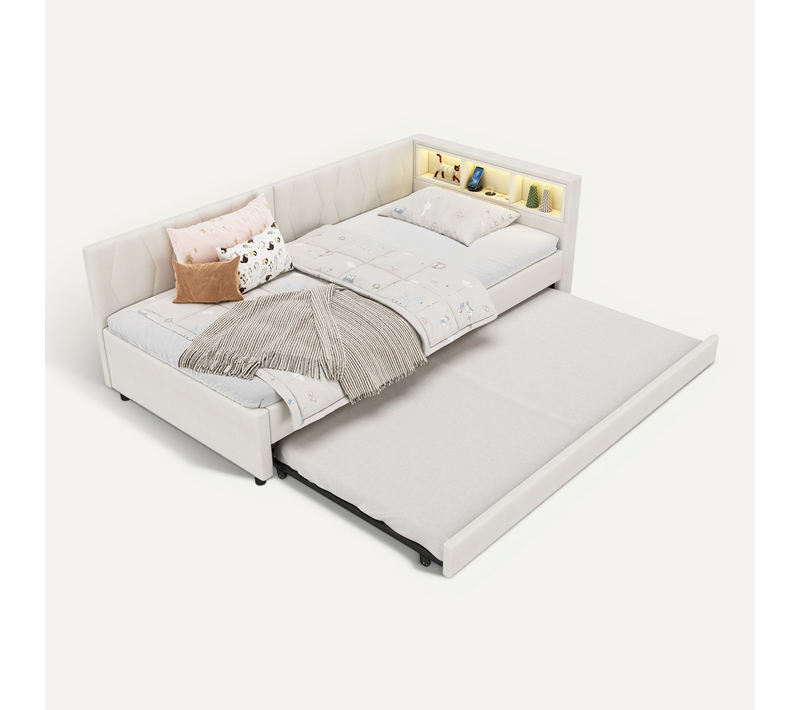 Lit Enfant 90x200 cm Avec Lit Gigogne 90x190 cm, Lumière LED Et Interface USB + Type-c, Lin, Beige