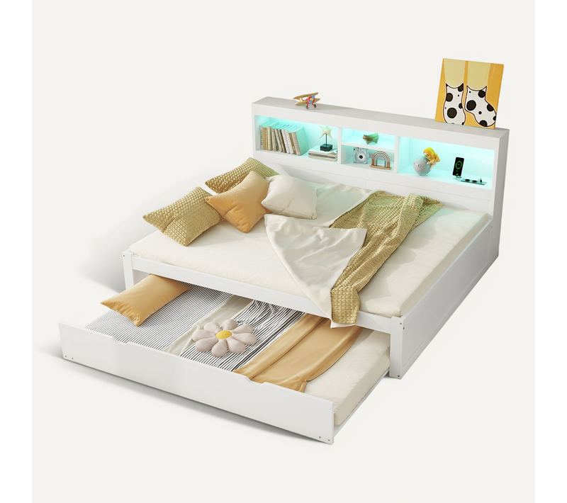 Lit Enfant 140x200cm, Lit Gigogne 90x190cm, LED, Prise Électrique + USB, Blanc