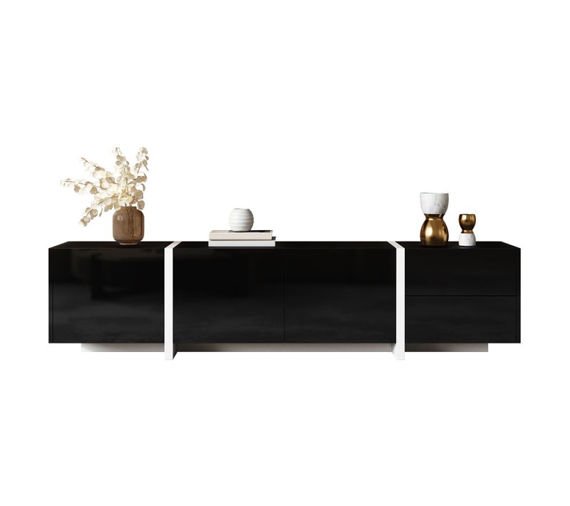 Meuble TV Noir Avec 4 Portes Et Tiroir, Rangement Pratique Et Finition Haute Brillance