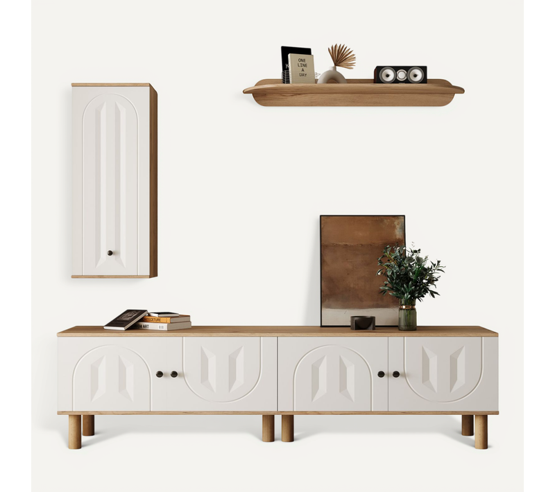 Ensemble 3 Set Meuble TV Blanc Et Bois, Avec Rangements Murals, Étagère Et Portes Sculptées.
