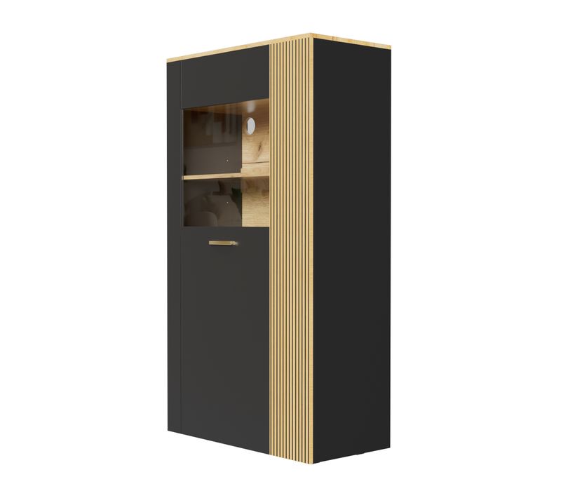 Vitrine Noir Et Bois, Buffet Haut Avec LED 16 Couleurs Et Porte Vitrée, 6 Niveaux De Rangement