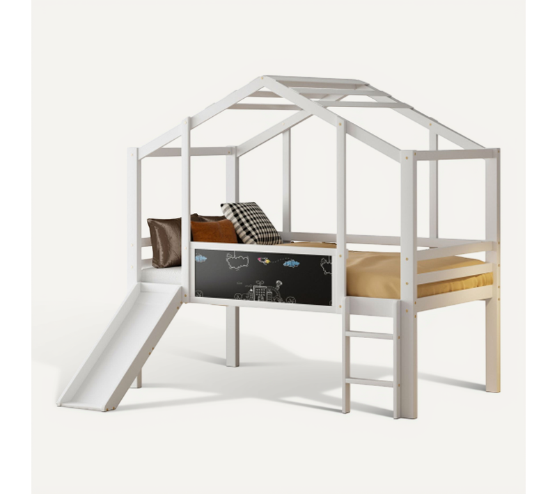 Lit Mi-hauteur Cabane 90x200 Cm Avec Échelle Et Toboggan, Tableau Blanc, En Bois, Blanc