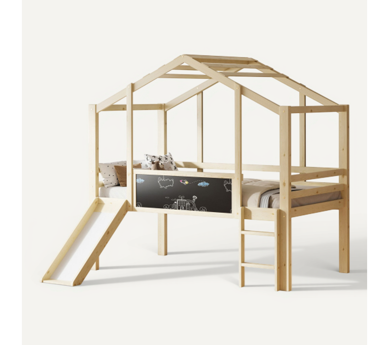 Lit Mi-hauteur Cabane 90x200 Cm Avec Échelle Et Toboggan, Tableau Blanc, En Bois, Couleur Bois
