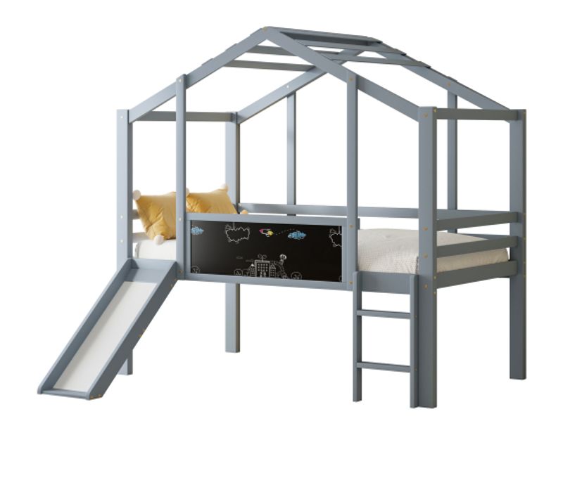 Lit Mi-hauteur Cabane 90x200 Cm Avec Échelle Et Toboggan, Tableau Blanc, En Bois, Couleur Gris