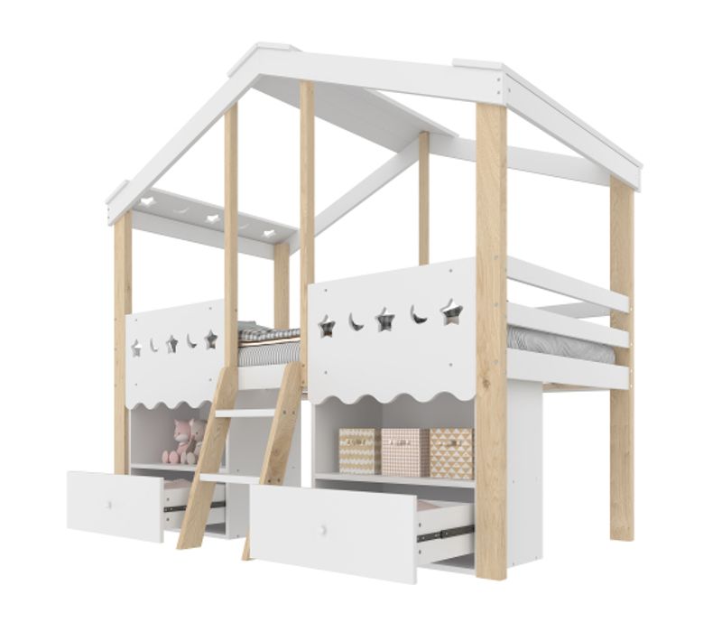 Lit Mi-hauteur Cabane 90x200 Cm, Lit Enfant Avec 2 Tiroirs, Éclairage LED, Blanc Et Bois