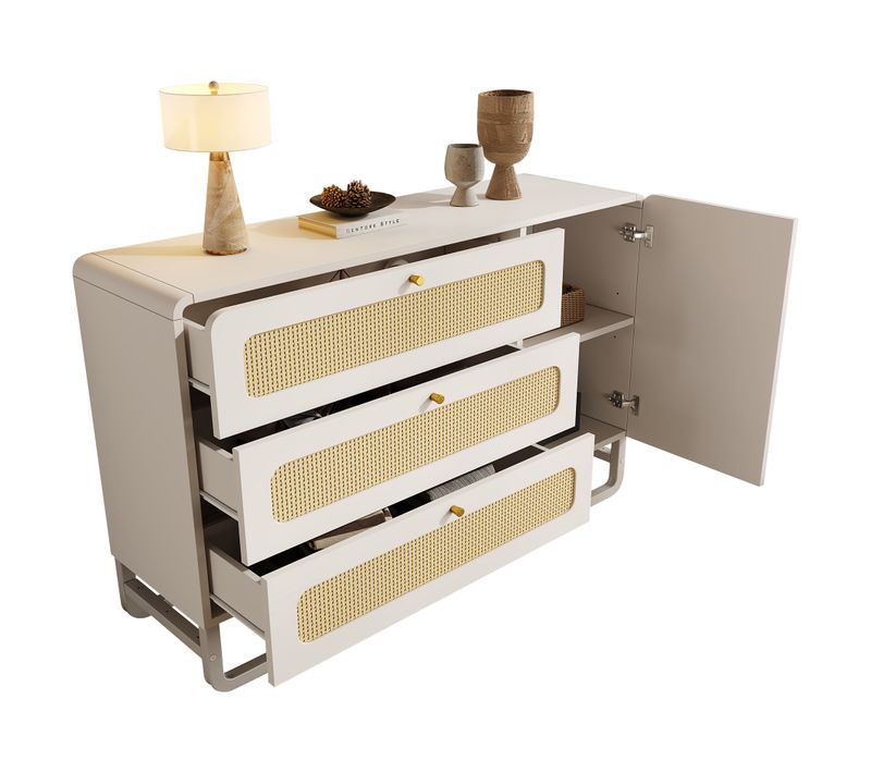 Buffet Blanc, Commode Salon Avec Rangement, Porte En Rotin Et 3 Tiroirs – Style Naturel 120 Cm