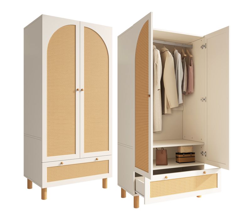 Armoire Blanche Avec 2 Portes En Rotin Et Grand Tiroir, Range-vêtements, Style Naturel H.180 Cm