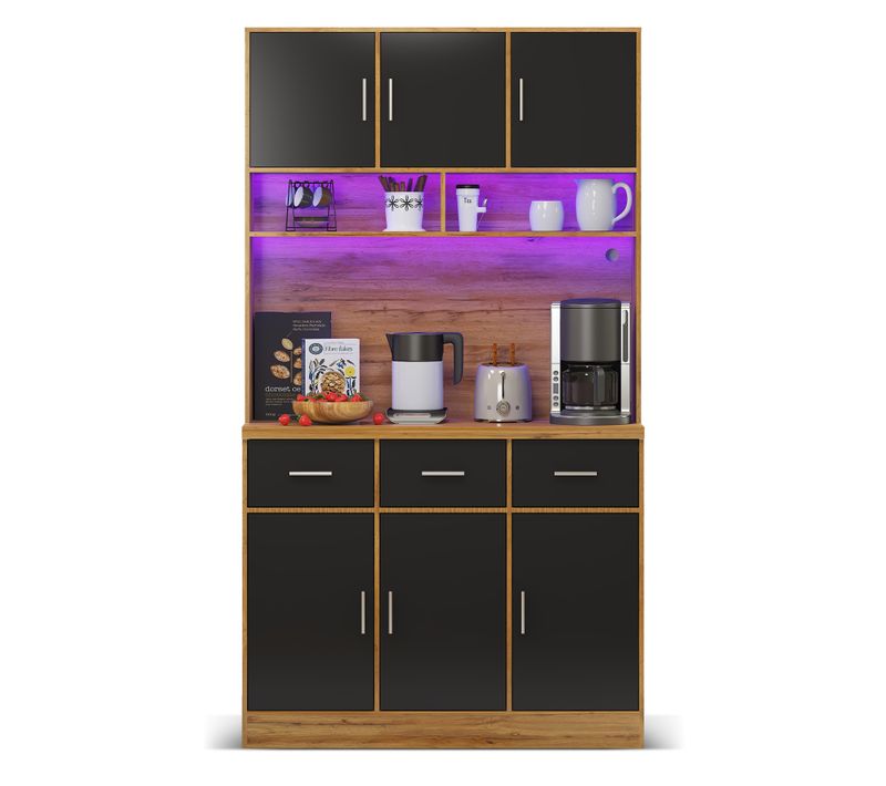 Buffet De Cuisine 180 Cm Naturel Et Noir Avec LED Et Prises Intégrées, Grand Rangement