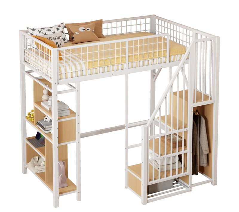 Lit Mezzanine 90x200 Cm Métal Blanc Avec Espace Modulable, Étagères, Rangement, Escalier Sécurisé