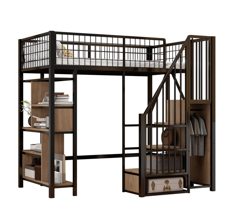 Lit Mezzanine 90x200 Cm Métal Noir Avec Espace Modulable, Étagères, Rangement, Escalier Sécurisé