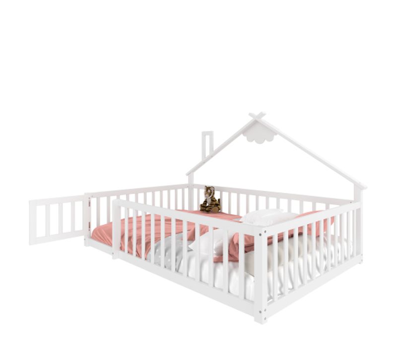 Lit Enfant 140x190 Cm, Lit Double Avec Barrière De Sécurité, Cadre En Bois, Blanc