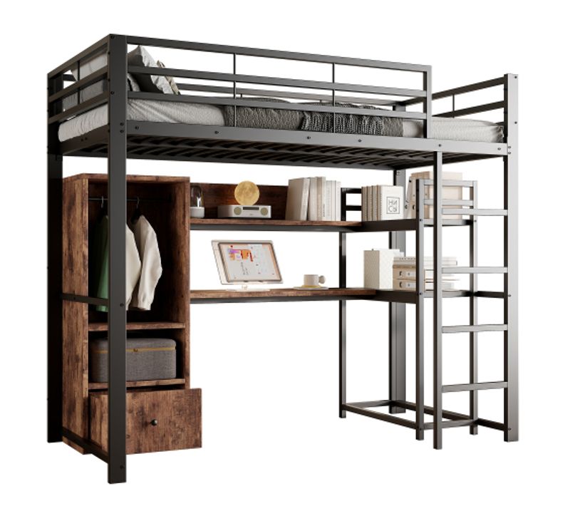 Lit Mezzanine 140x200 Cm Avec Lumière LED, Bureau, 1 Tiroir, Étagère De Rangement, Noir