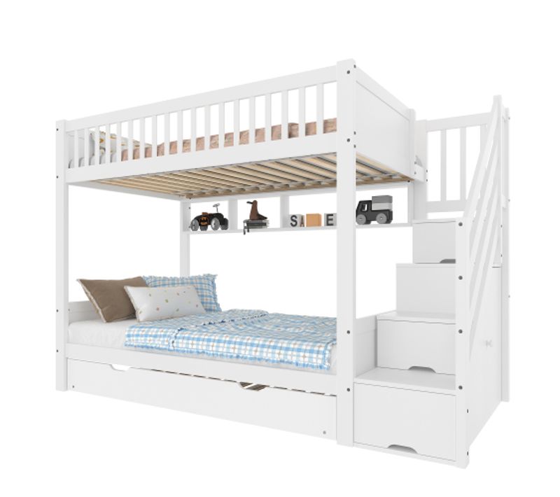 Lit Superposé 90x200 Cm Avec Lit Gigogne 90x190 Cm, Échelle De Rangement, Étagères, Armoire, Blanc