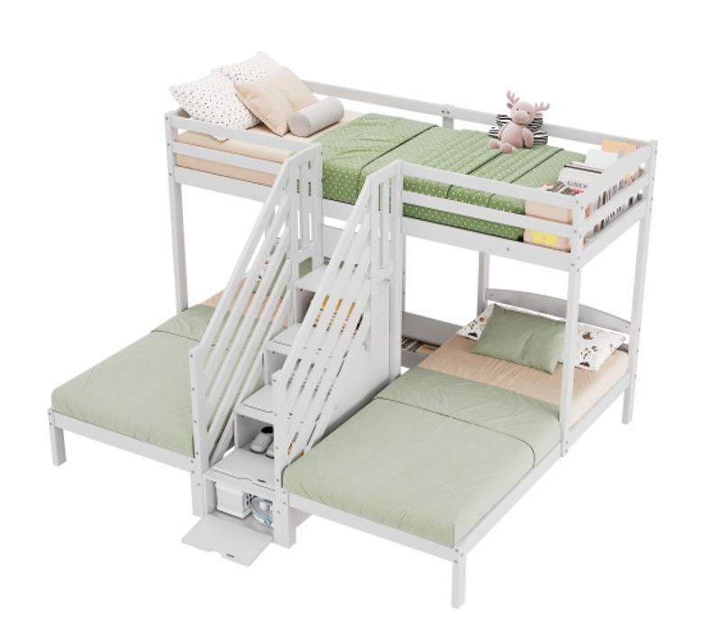 Lits Superposés 90x200 Cm, 3 Lits Avec Échelle De Rangement, Barrière De Sécurité, Blanc