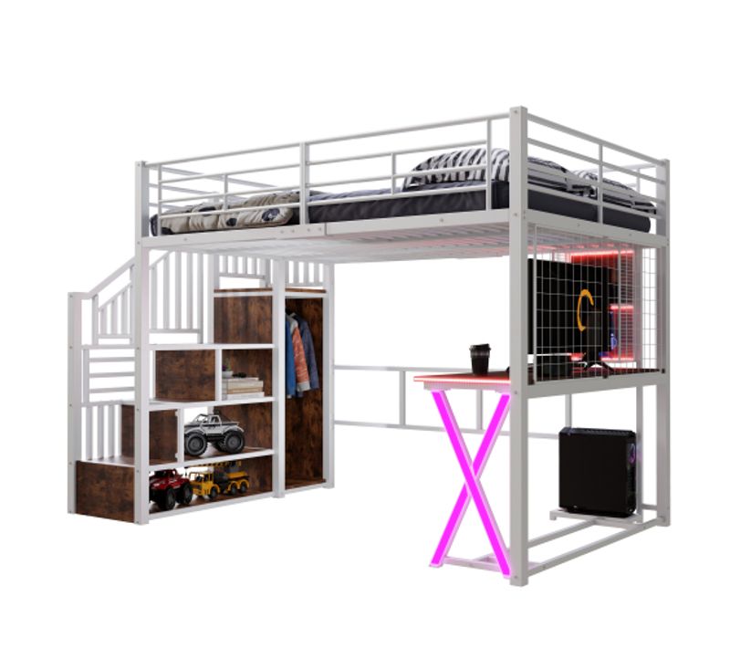 Lit Mezzanine 140x200 Cm Avec Lumière LED, Échelle De Rangement, Bureau, Armoire Et Étagères, Blanc