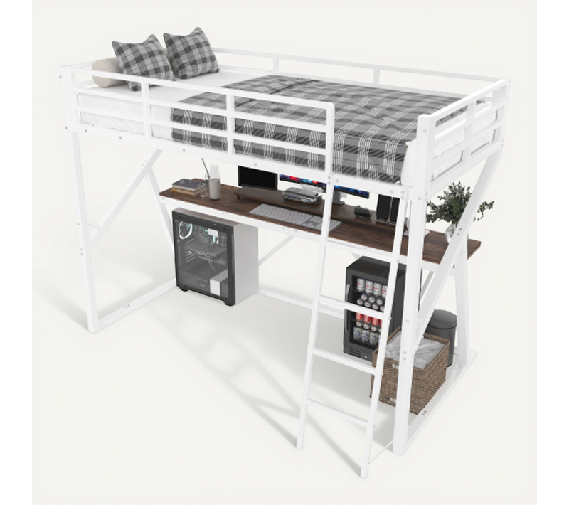Lit Mezzanine 90x200 Cm Avec Éclairage LED, Barrières De Sécurité, Bureau, En Métal, Blanc