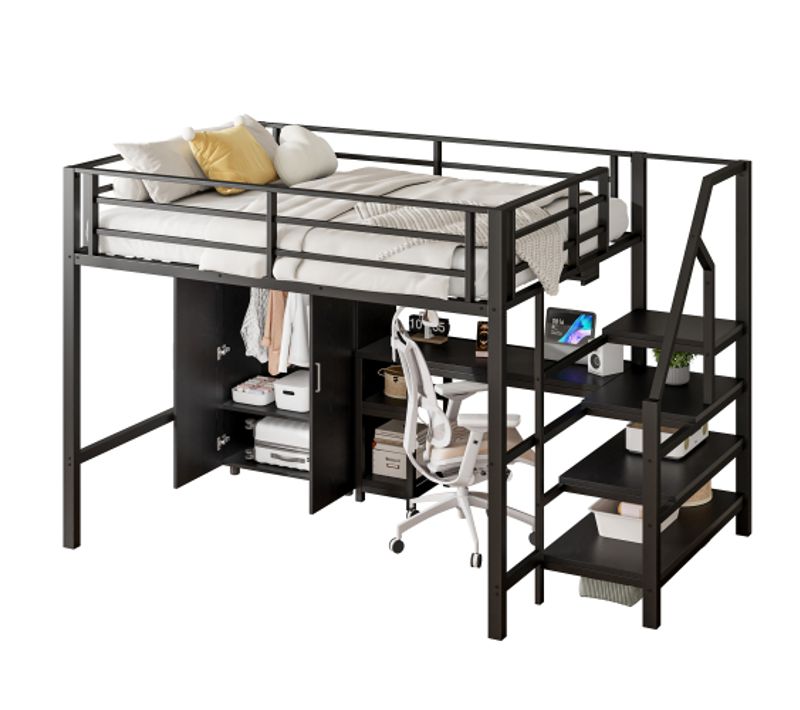 Lit Mezzanine 140x200 Cm Avec Armoire, Étagères, Échelle De Rangement, Bureau, En Métal, Noir