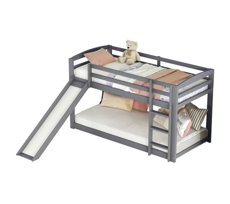 Lit Superposé 90x200 Cm Avec Toboggan, Barrière De Sécurité, Sans Sommier à Lattes, Gris