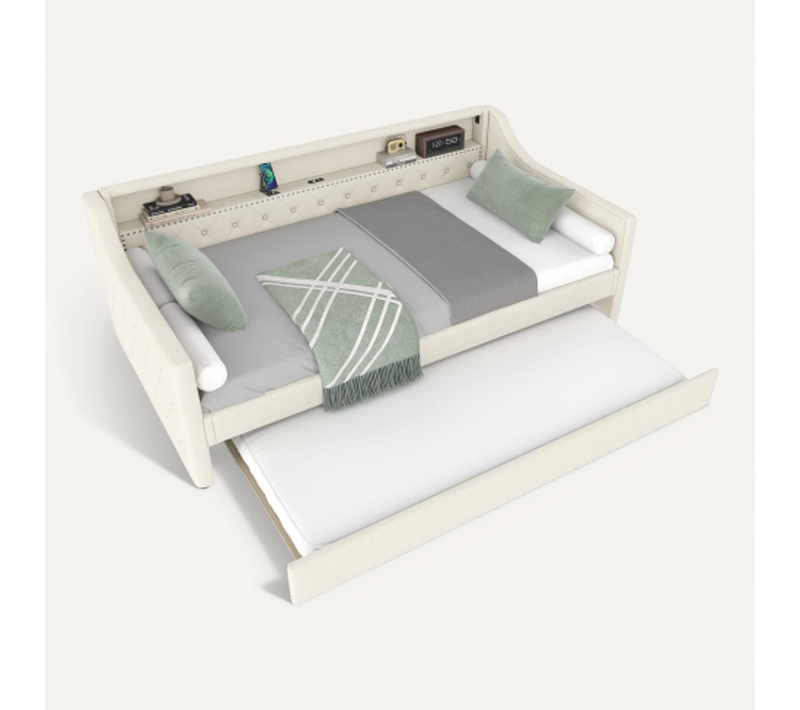 Lit Gigogne 90x200 Cm Avec Lumière LED, Port De Chargement USB, En Lin, Sommier à Lattes, Beige