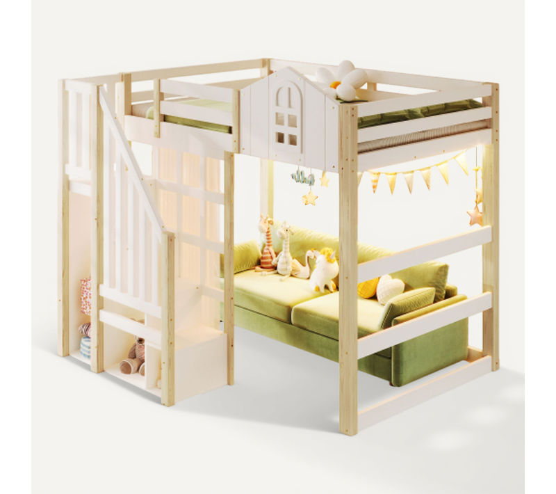 Lit Mezzanine 140x200 Cm Avec LED, Fenêtre Design, Échelle De Rangement, Voilage, Blanc Et Bois